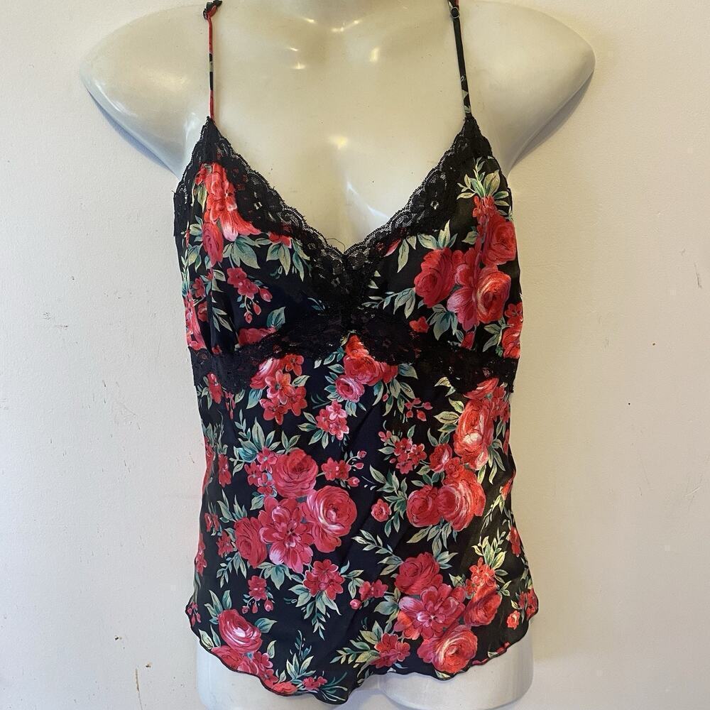 Y2K PinkK Babydoll Cami TankTop Satin Floral LaceTrim Sweetheart Hot Sexy Love M